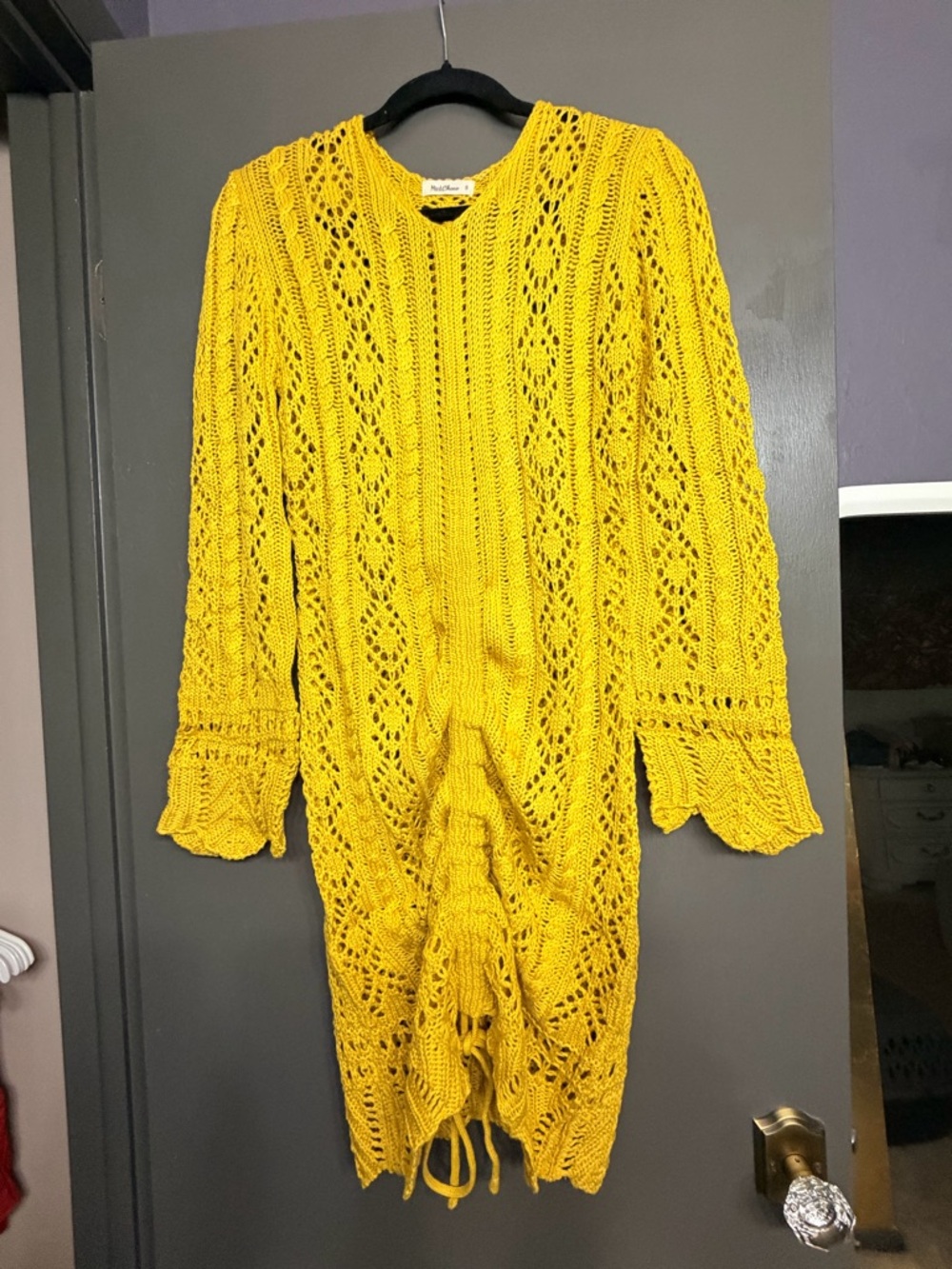 Women's Mustard Open-Knit Long Sleeve Dress by MintChoco